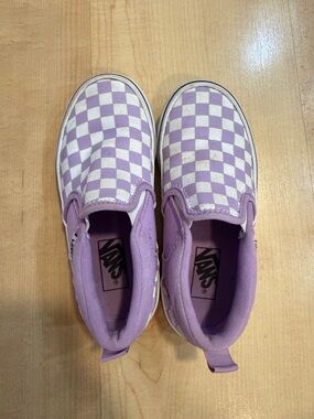 Vans Kids Slip-On Checkerboard Shoes in Lavender and White